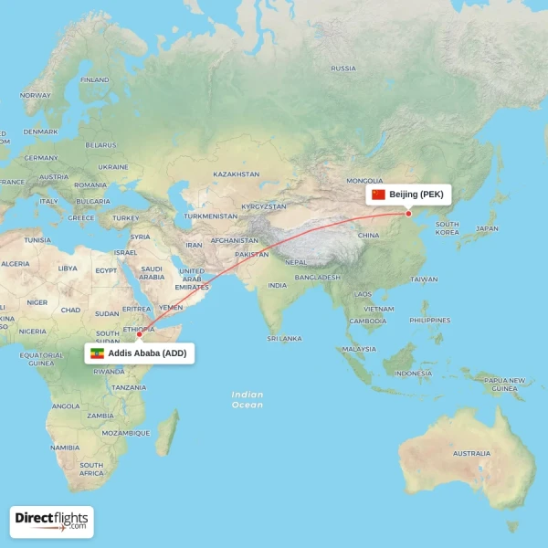 Addis Ababa - Beijing direct flight map