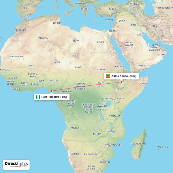 Addis Ababa - Port Harcourt direct flight map