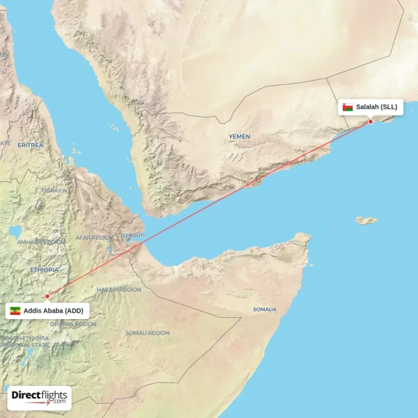 Addis Ababa - Salalah direct flight map