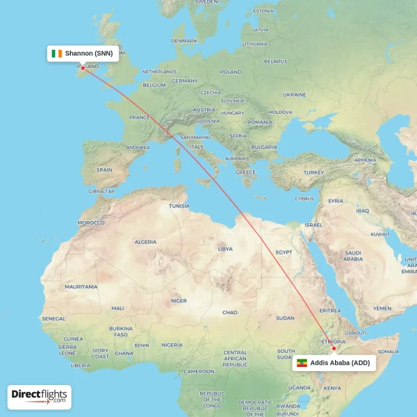 Addis Ababa - Shannon direct flight map