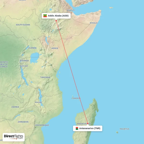 Addis Ababa - Antananarivo direct flight map
