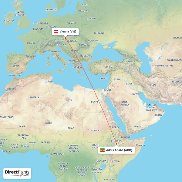 Addis Ababa - Vienna direct flight map