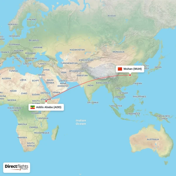 Addis Ababa - Wuhan direct flight map