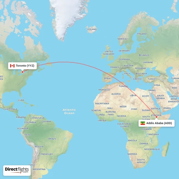 Addis Ababa - Toronto direct flight map