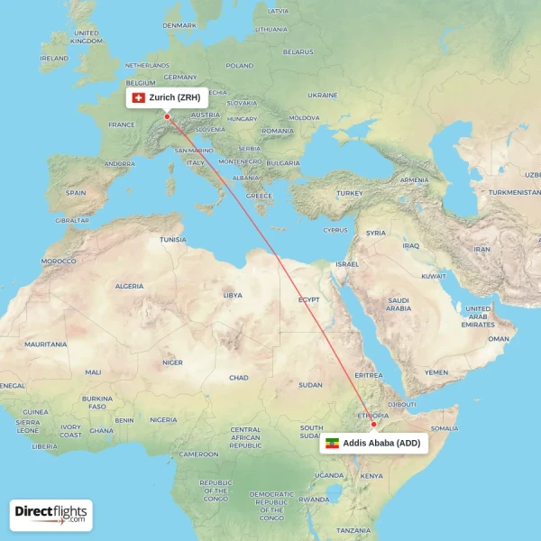 Addis Ababa - Zurich direct flight map