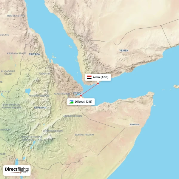 Aden - Djibouti direct flight map