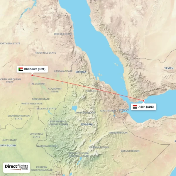Aden - Khartoum direct flight map
