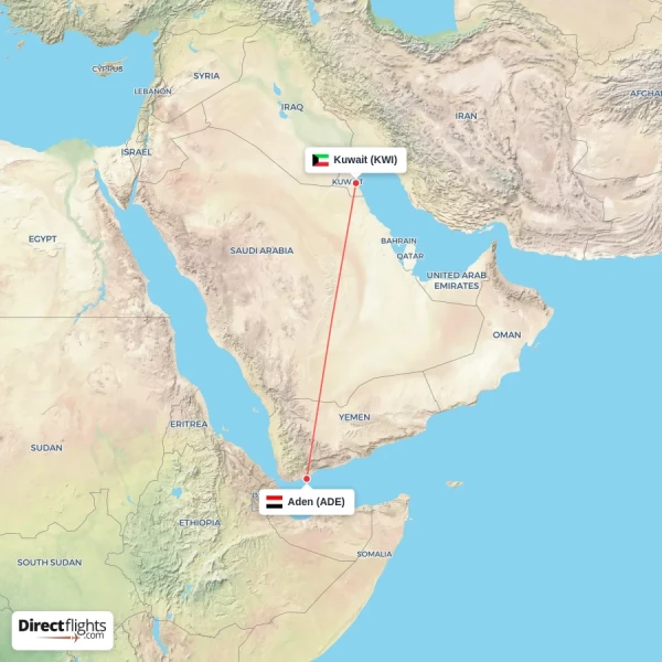 Aden - Kuwait direct flight map