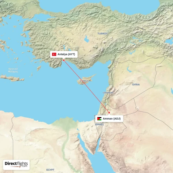 Amman - Antalya direct flight map