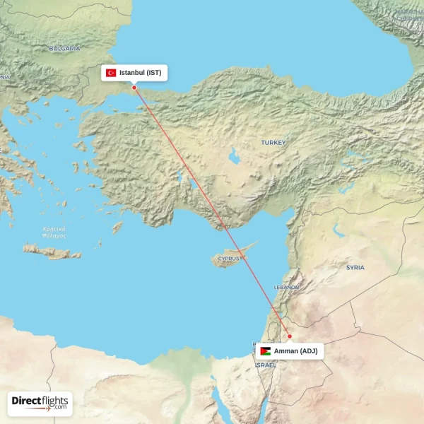 Amman - Istanbul direct flight map