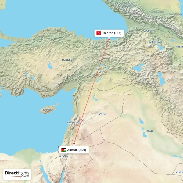 Amman - Trabzon direct flight map