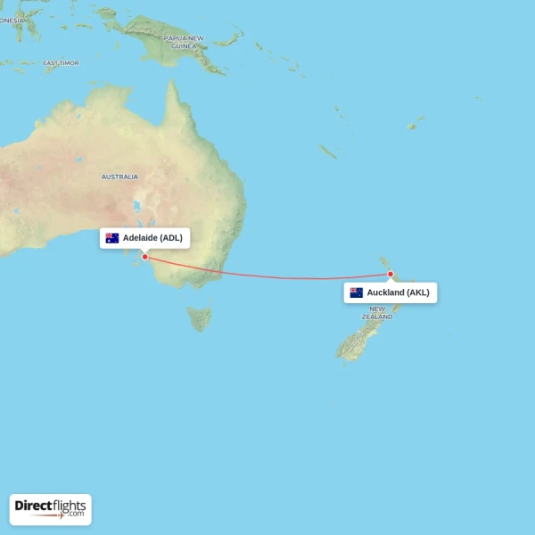 Adelaide - Auckland direct flight map