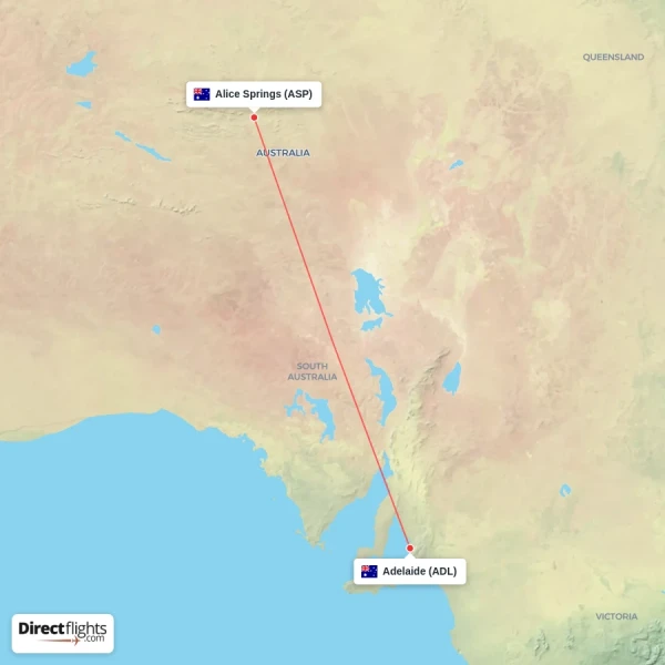 Adelaide - Alice Springs direct flight map