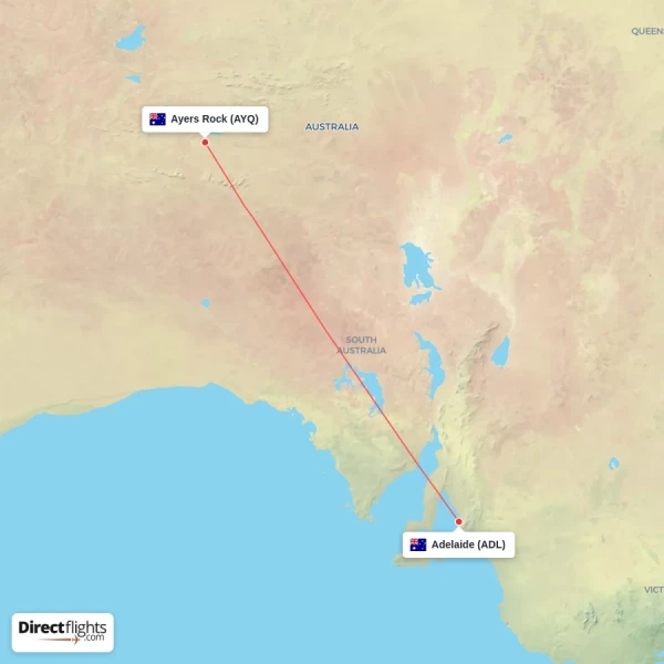 Adelaide - Ayers Rock direct flight map