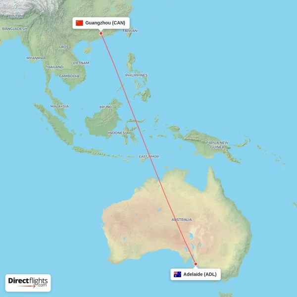 Adelaide - Guangzhou direct flight map