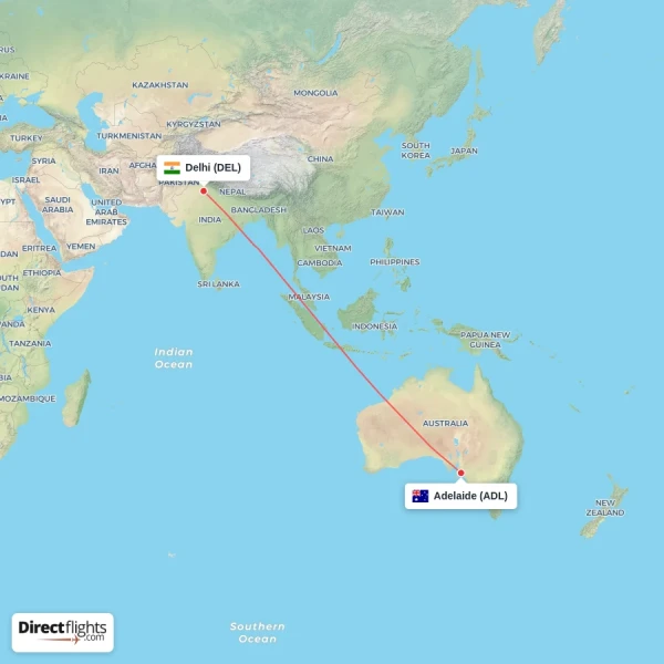 Adelaide - Delhi direct flight map