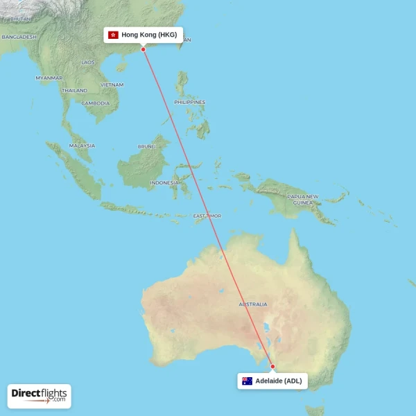 Adelaide - Hong Kong direct flight map