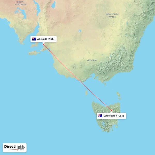 Adelaide - Launceston direct flight map
