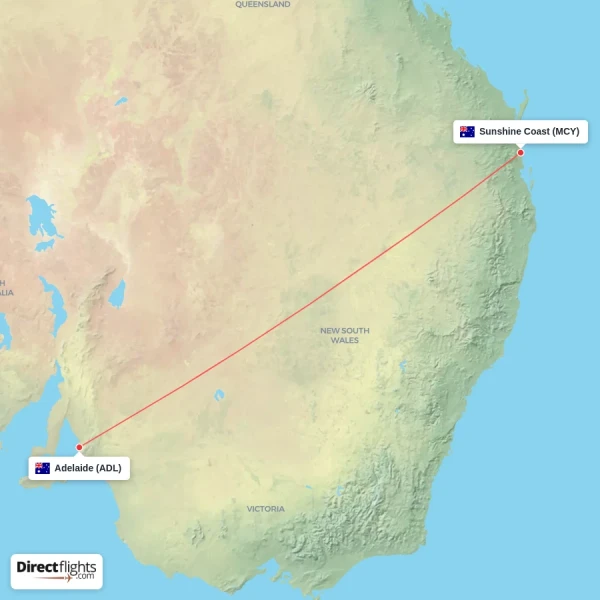Adelaide - Sunshine Coast direct flight map