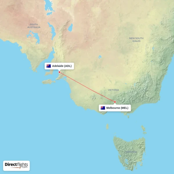 Adelaide - Melbourne direct flight map