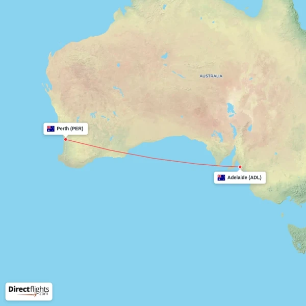 Adelaide - Perth direct flight map