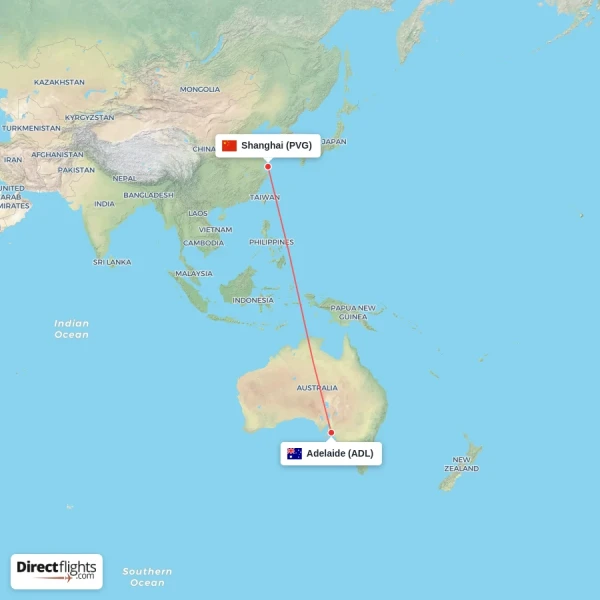 Adelaide - Shanghai direct flight map