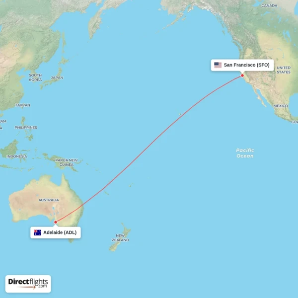 Adelaide - San Francisco direct flight map