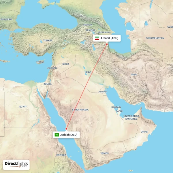 Ardabil - Jeddah direct flight map