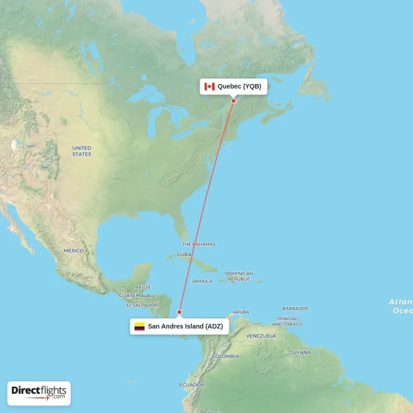 San Andres Island - Quebec direct flight map