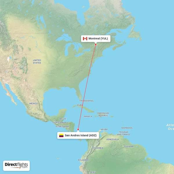 San Andres Island - Montreal direct flight map
