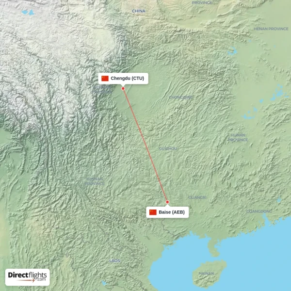 Baise - Chengdu direct flight map