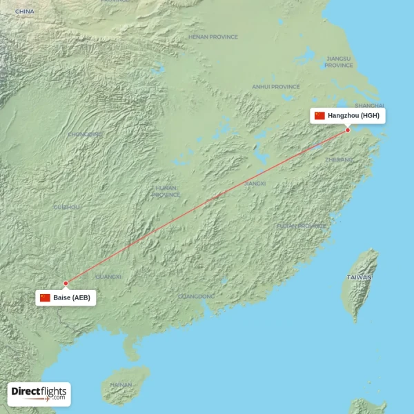 Baise - Hangzhou direct flight map