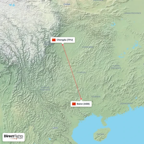 Baise - Chengdu direct flight map