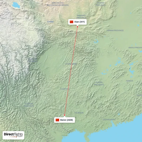 Baise - Xian direct flight map