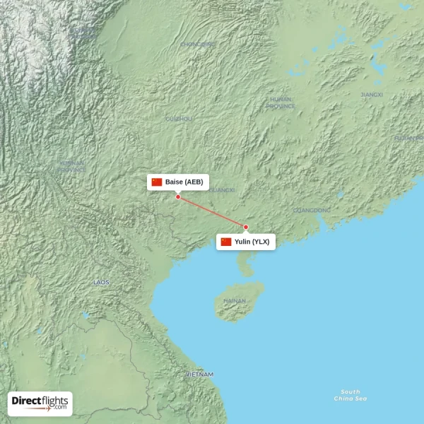 Baise - Yulin direct flight map