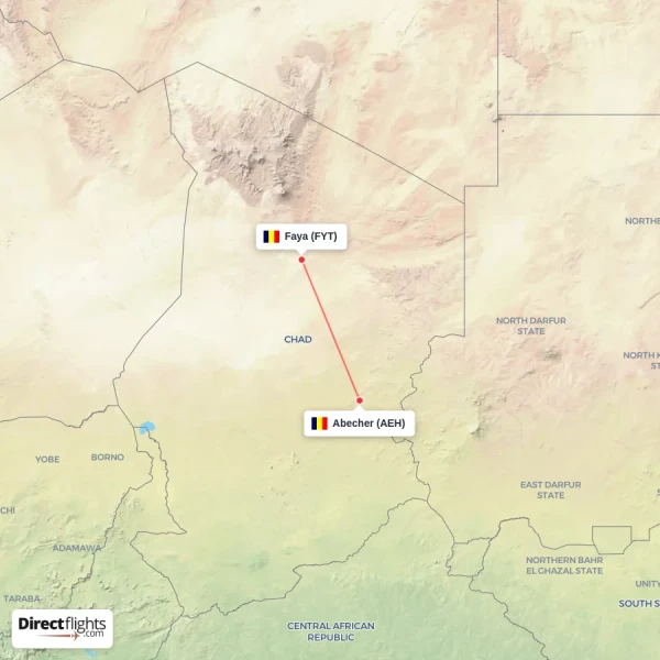 Abecher - Faya direct flight map