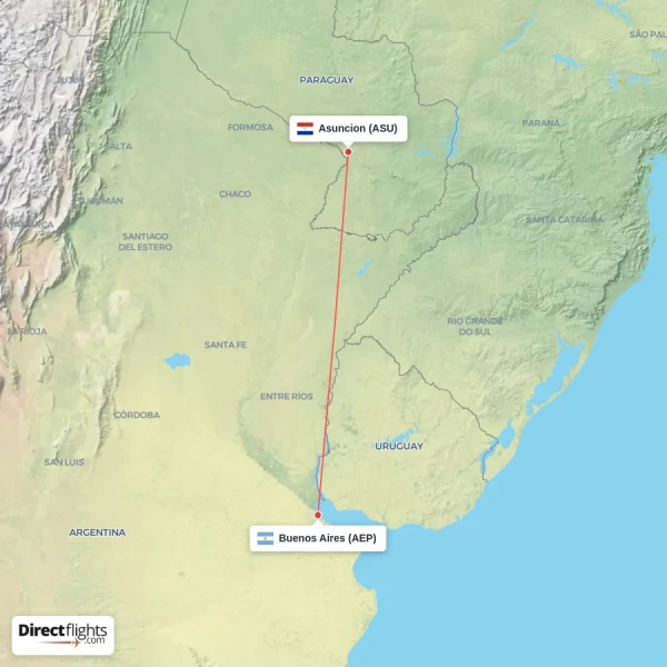 Buenos Aires - Asuncion direct flight map