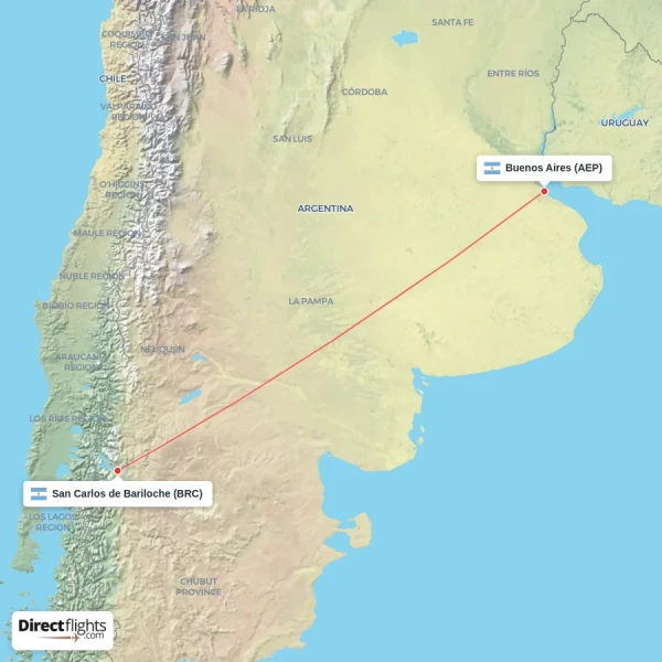 Buenos Aires - San Carlos de Bariloche direct flight map