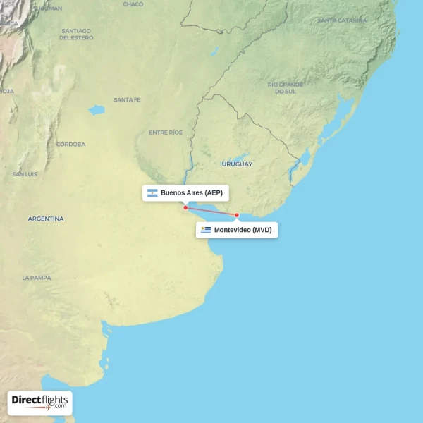 Buenos Aires - Montevideo direct flight map