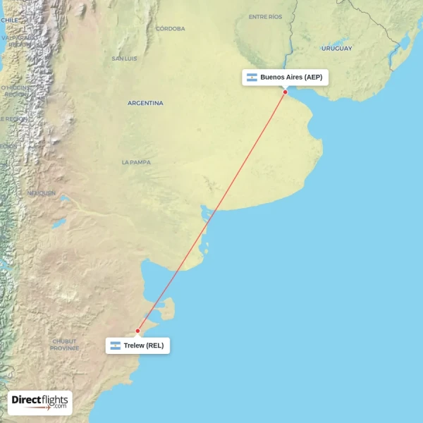 Buenos Aires - Trelew direct flight map