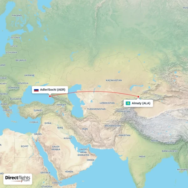Adler/Sochi - Almaty direct flight map
