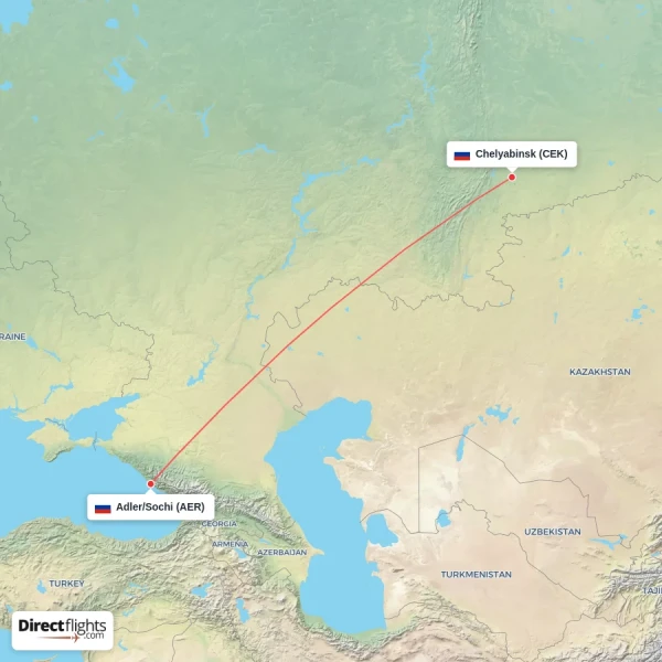 Adler/Sochi - Chelyabinsk direct flight map
