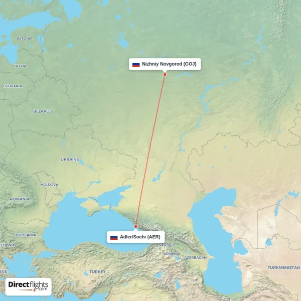 Adler/Sochi - Nizhniy Novgorod direct flight map