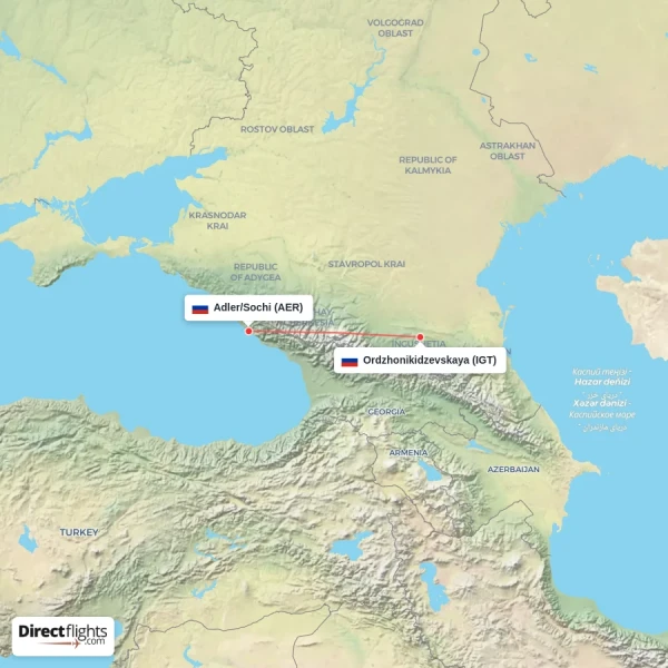 Adler/Sochi - Ordzhonikidzevskaya direct flight map