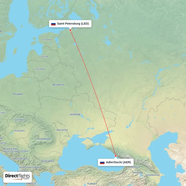 Adler/Sochi - Saint Petersburg direct flight map