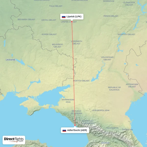 Adler/Sochi - Lipetsk direct flight map