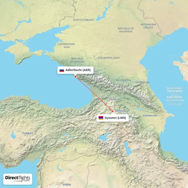 Adler/Sochi - Gyoumri direct flight map