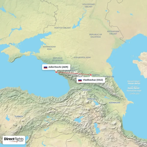 Adler/Sochi - Vladikavkaz direct flight map