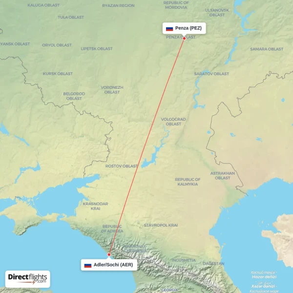 Adler/Sochi - Penza direct flight map