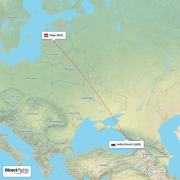 Adler/Sochi - Riga direct flight map